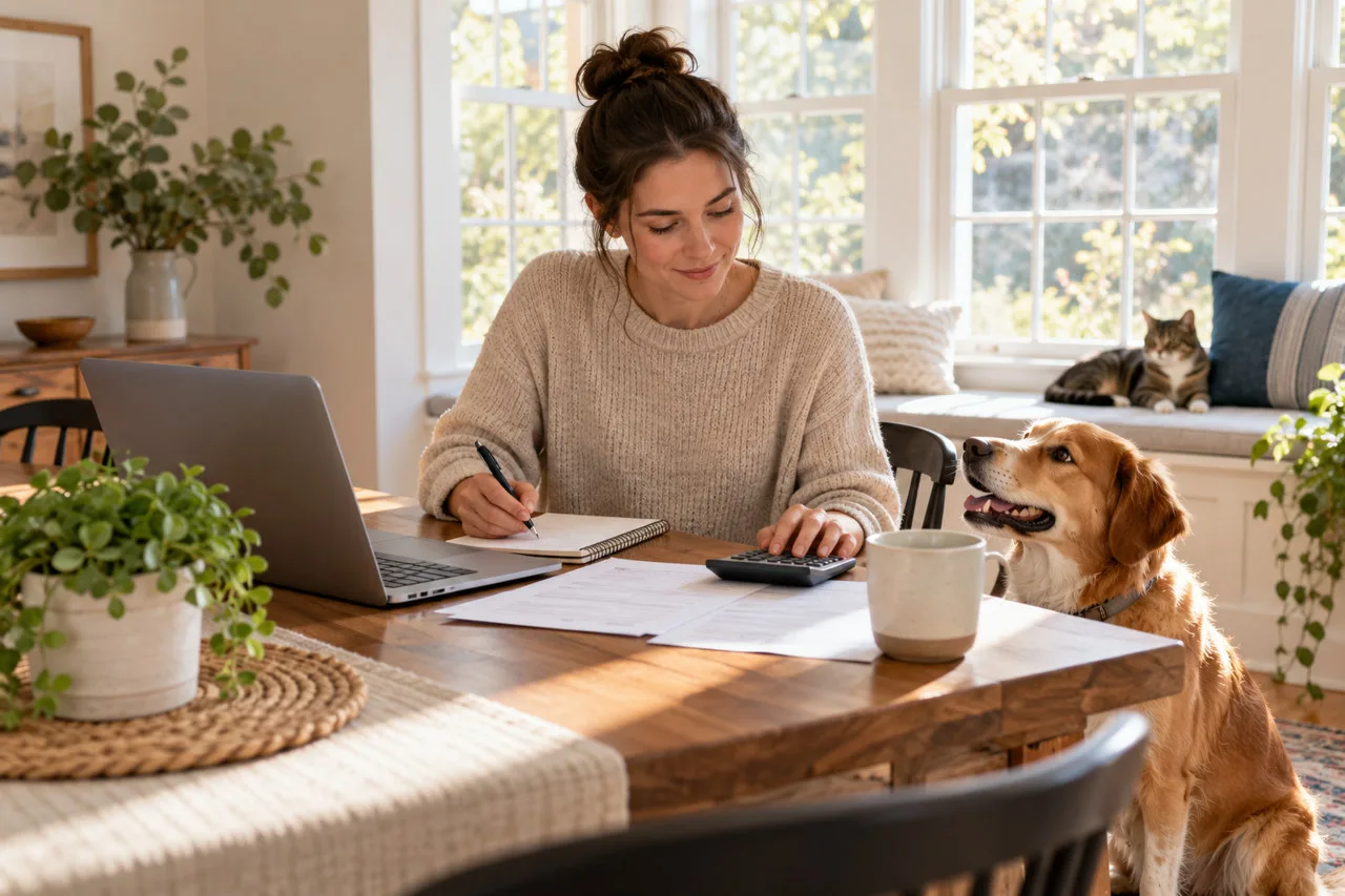 Owner reviewing paperwork with a calculator beside pets at home